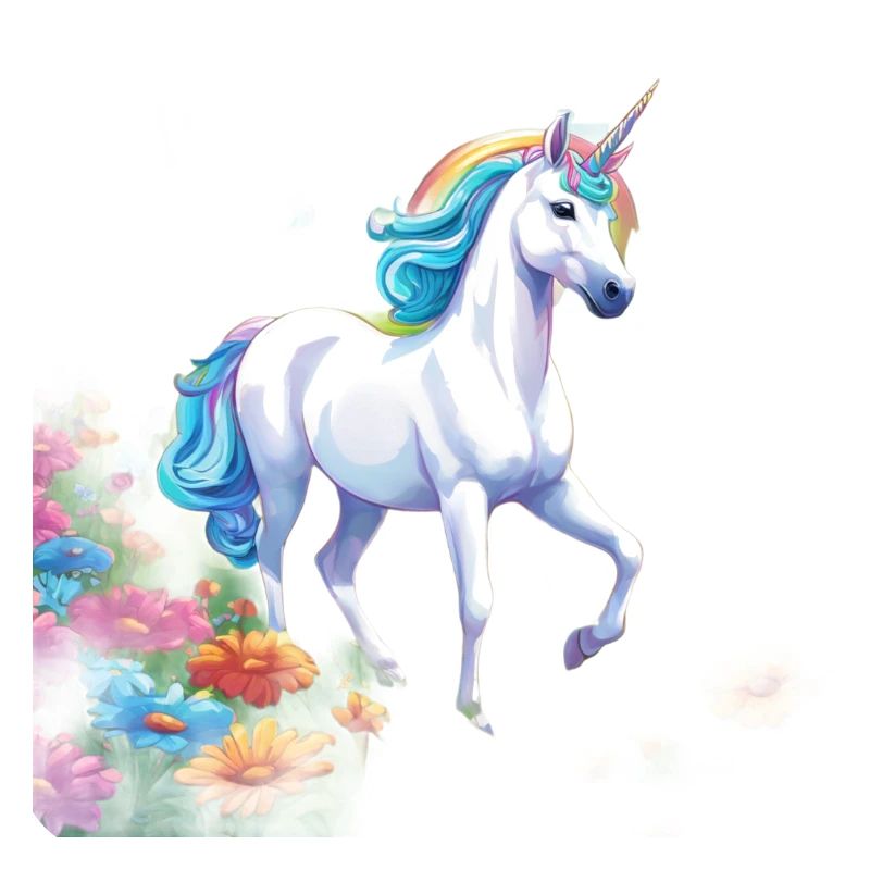 Anmutiges Einhorn mit Regenbogenmähne im Blütenmee