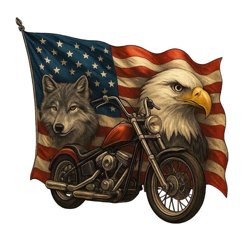 Chopper, wolf and eagle on US flag