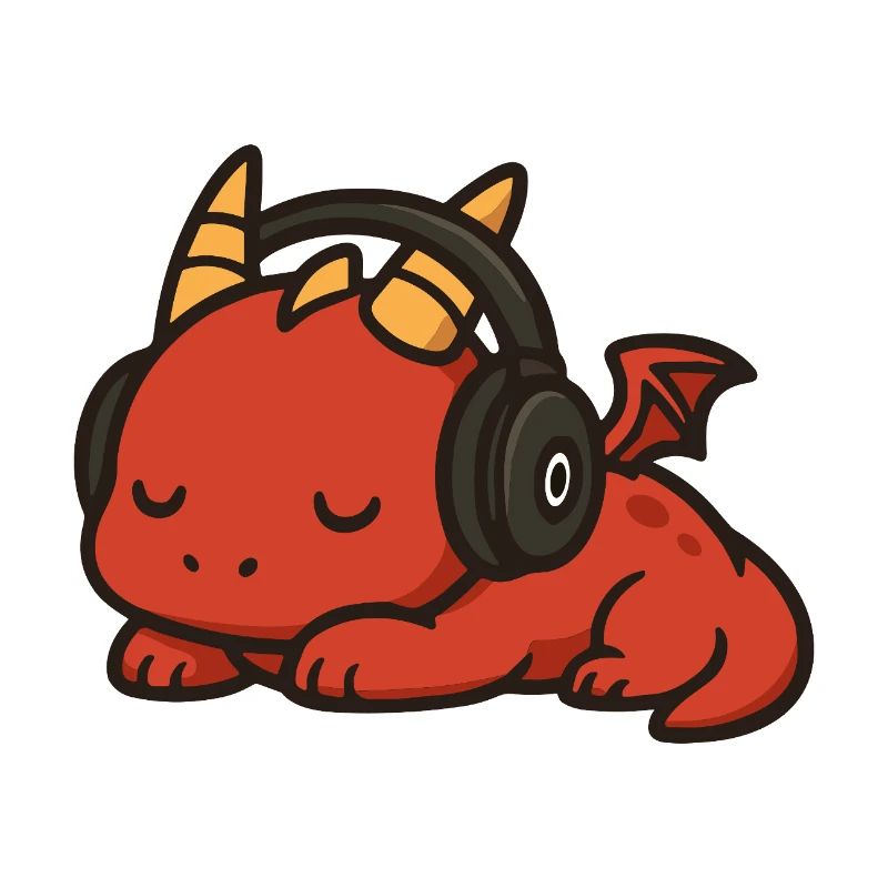 Dessin animé mignon dragon rouge dormant avec des écouteurs