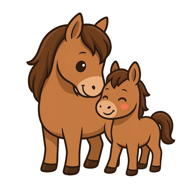 Mama Pferd kuschelt mit ihrem Babypferd