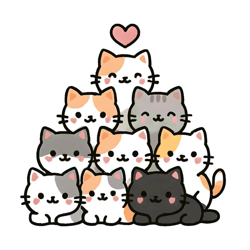 Pyramide de chat kawaii avec coeur - Chat de dessin animé mignon