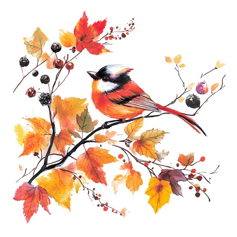 Oiseau en automne sur branche de feuille