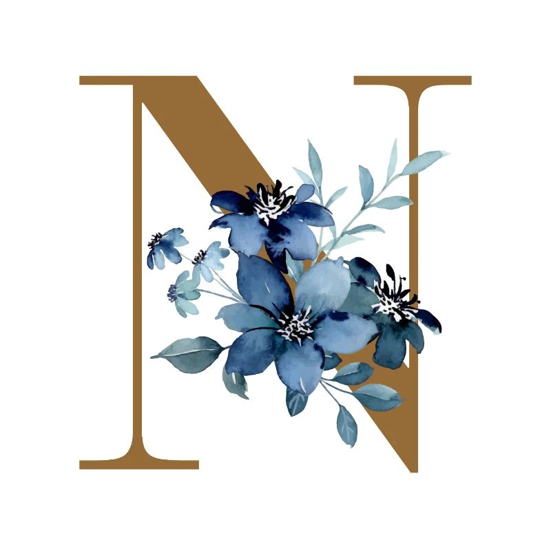 Lettre N avec fleurs bleues