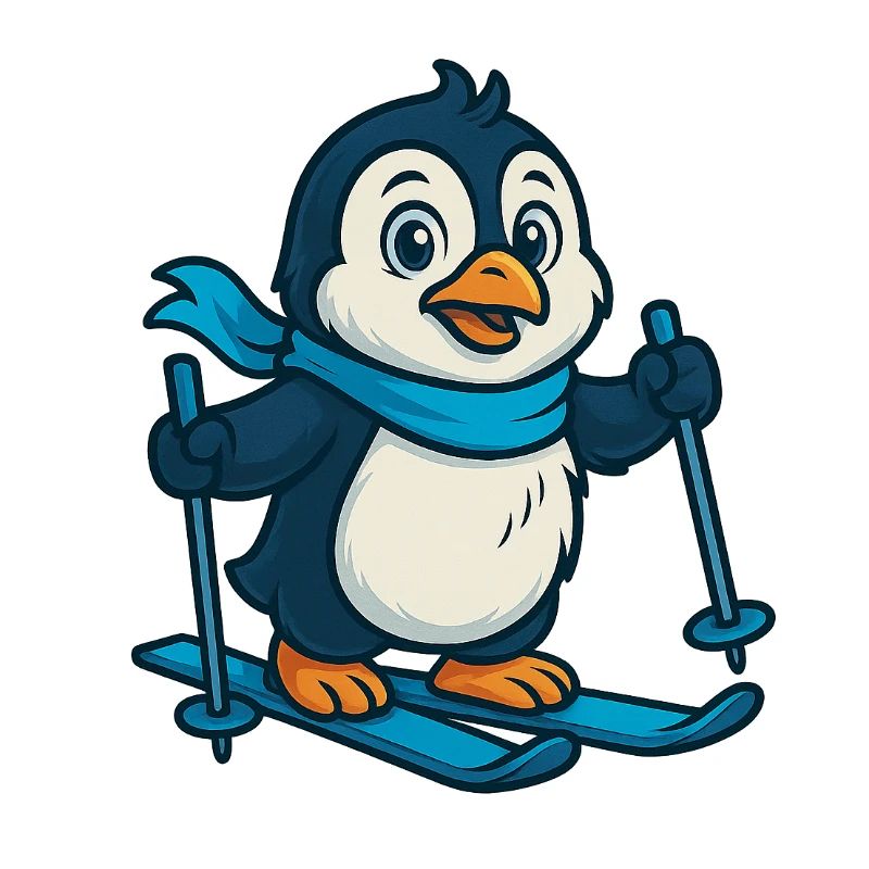 Pingouin sur skis avec écharpe