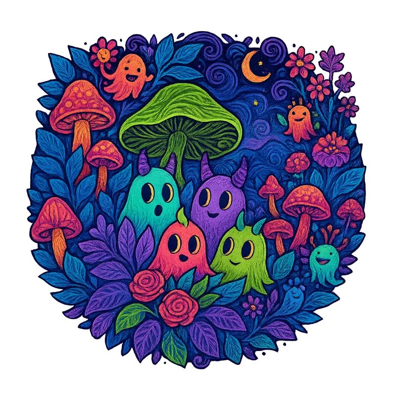 Amis monstres néons dans la forêt de champignons