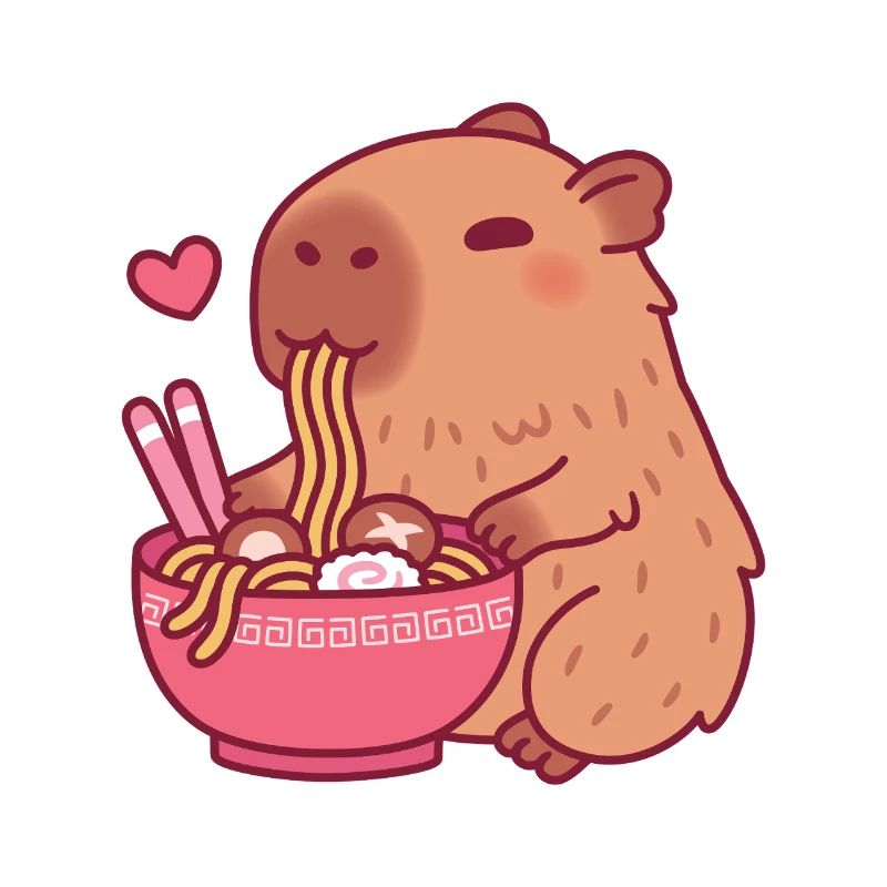 Le mignon capybara adore manger des nouilles ramen