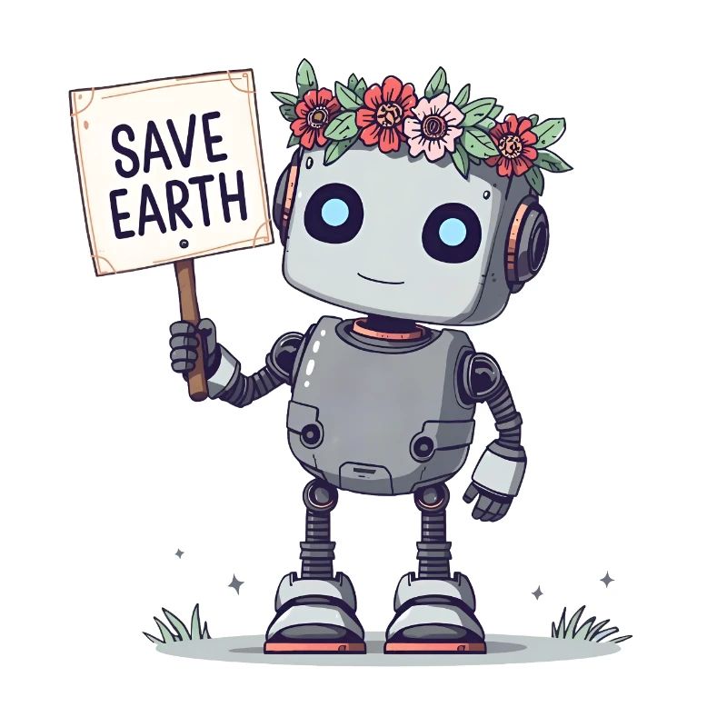 Robot mignon avec couronne de fleurs – Save Earth