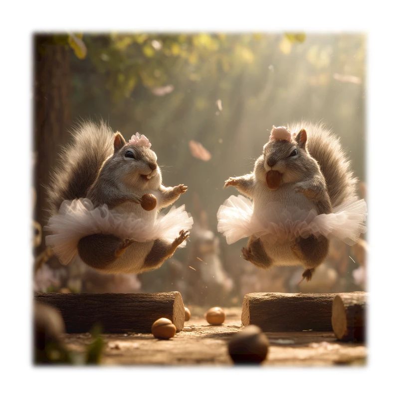 Dancing squirrels in tutu with acorns