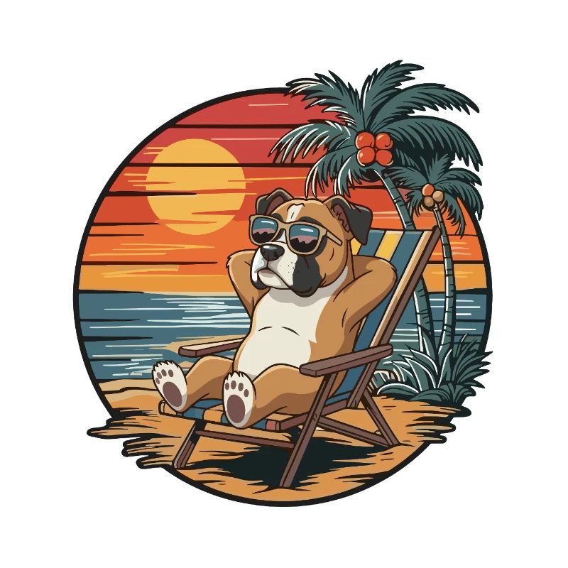 Funny Boxer Dog on Beach Summer Vacation Sunset