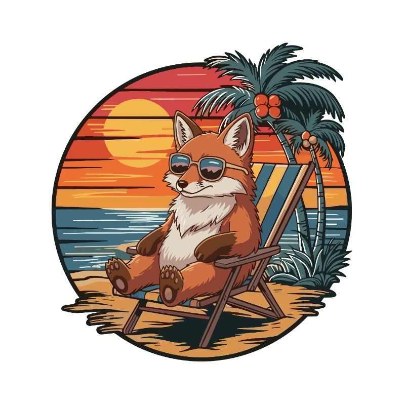 Funny Fox on Beach Summer Vacation Sunset
