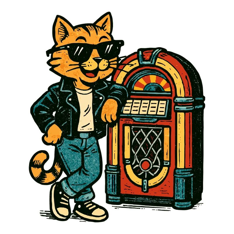 Cat with sunglasses at the jukebox retro comic