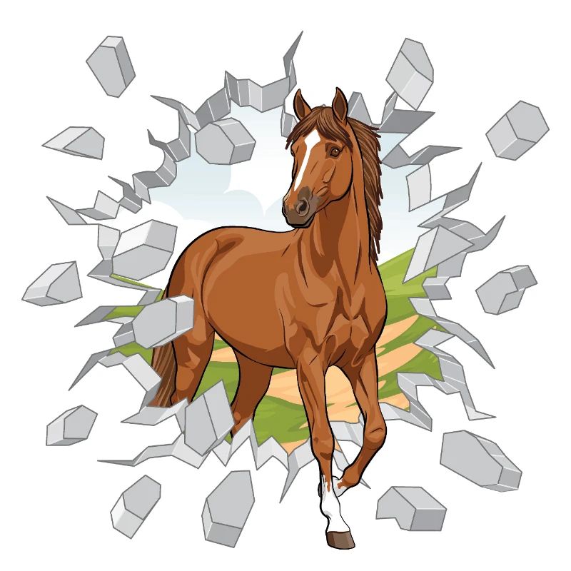 Un cheval alezan traversant un mur de pierre
