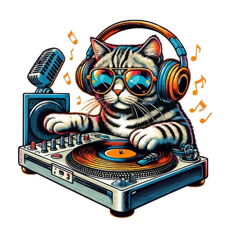 Cat DJ with headphones and turntable