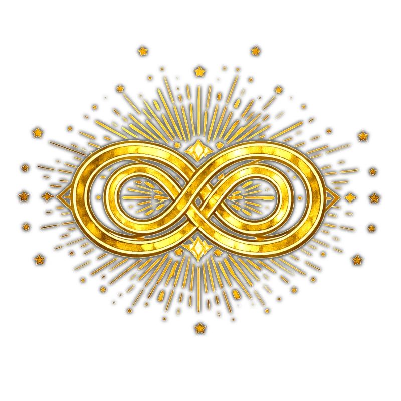 Symbole Infini doré et éclats stellaires