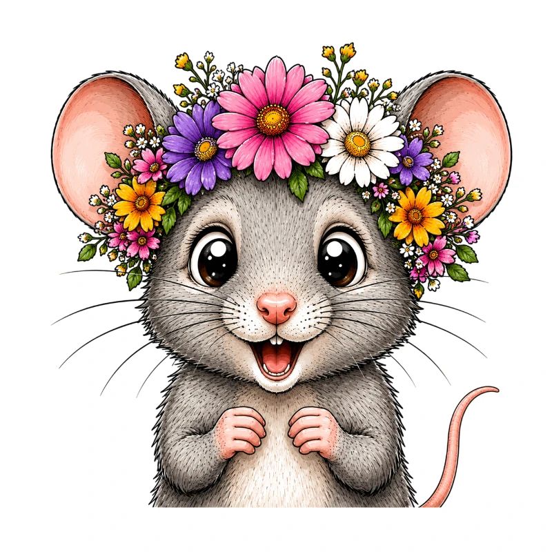 Fröhliche Maus mit Blumenschmuck 