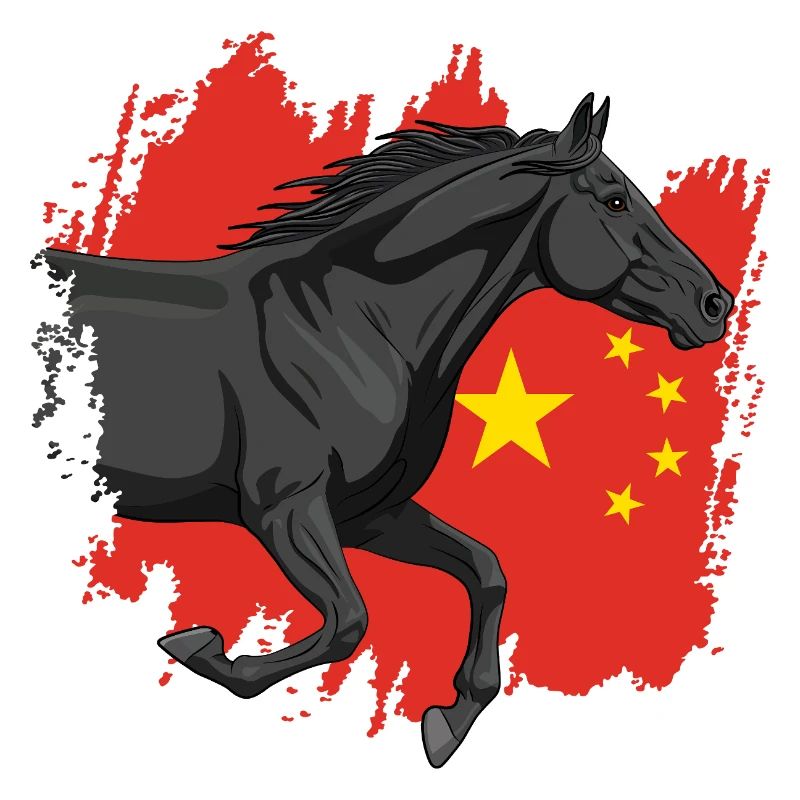 Un cheval Abaga noir devant le drapeau de la chine