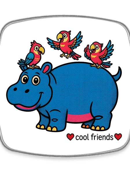 Hippopotamus and happy parrots