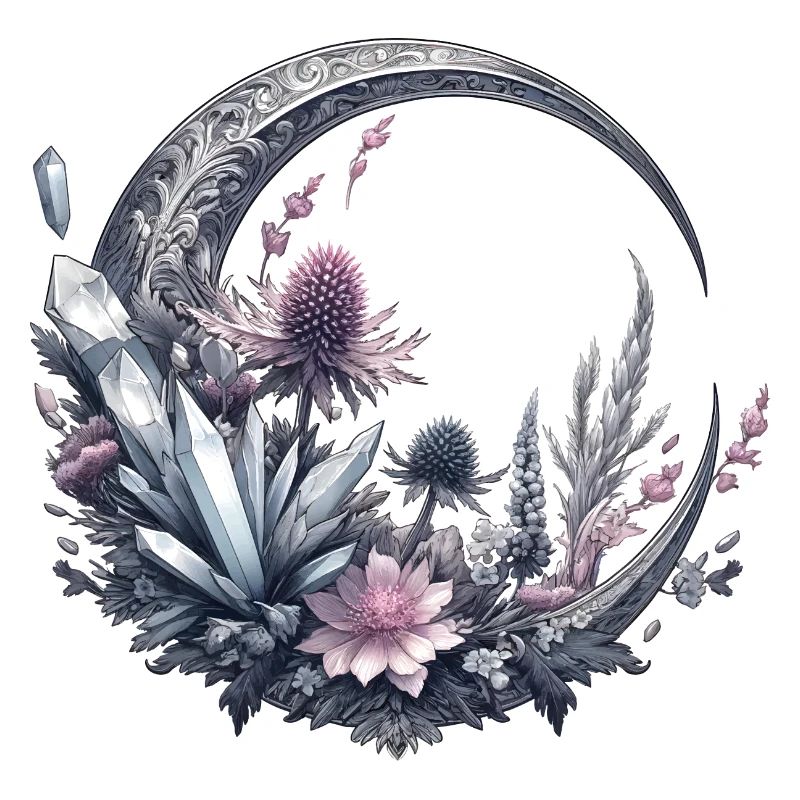 Crescent Moon in Silver, with Crystals and Flowers