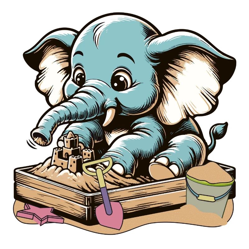 Mignon éléphant de dessin animé bleu dans le bac à sable