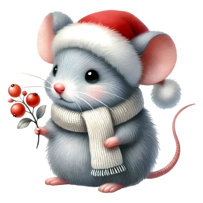 Cute Mouse with Santa Hat and Berry Branch