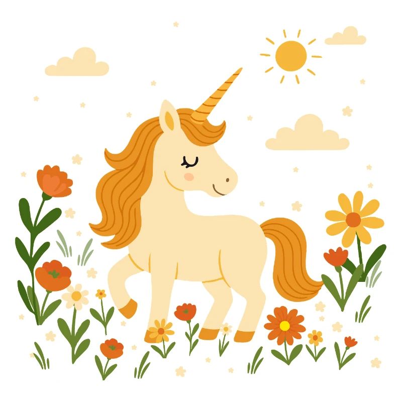 Licorne sur prairie fleurie – Scène joyeuse avec du soleil