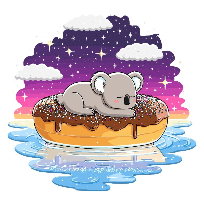 Koala sur un beignet dans la mer nocturne