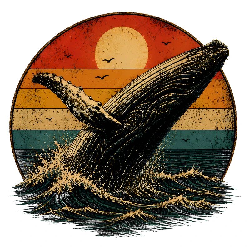 Whale in retro sunset