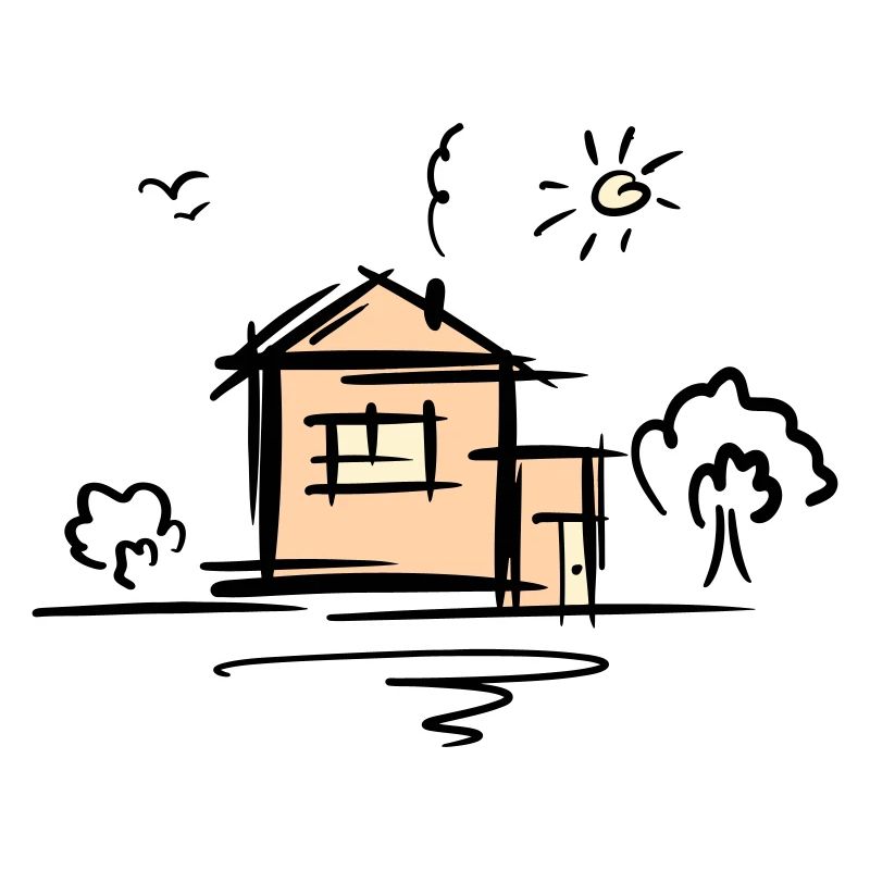 Maison avec arbres et soleil. Dessin. Gribouiller.