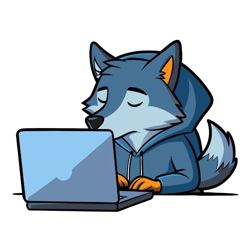 Un mignon loup hacker dort dans un sweat à capuche devant le PC