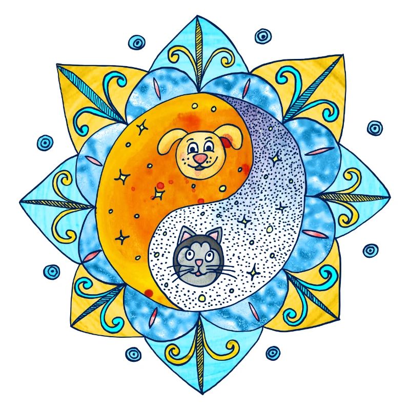 Chien de chat Mignon Yin Yang Symbole Mandala