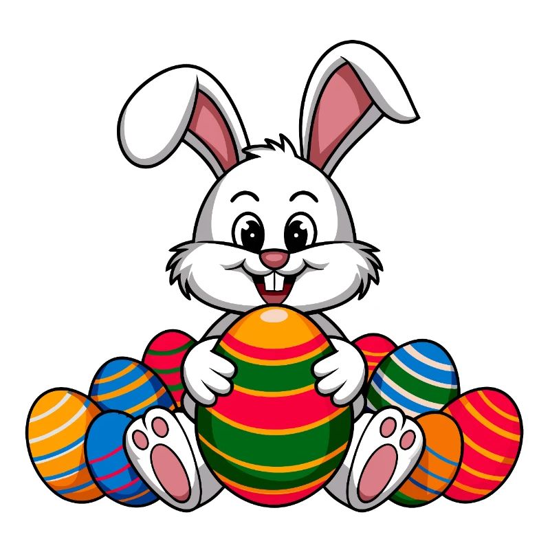 Funny Easter bunny with lots of colorful Easter eggs