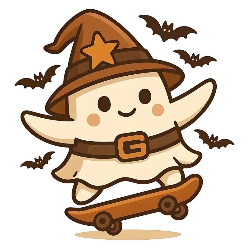 Skater Ghost with Witch Hat – Retro Halloween Shirt