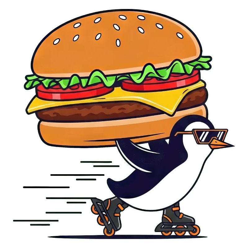 Un mignon pingouin dégustant un cheeseburger.