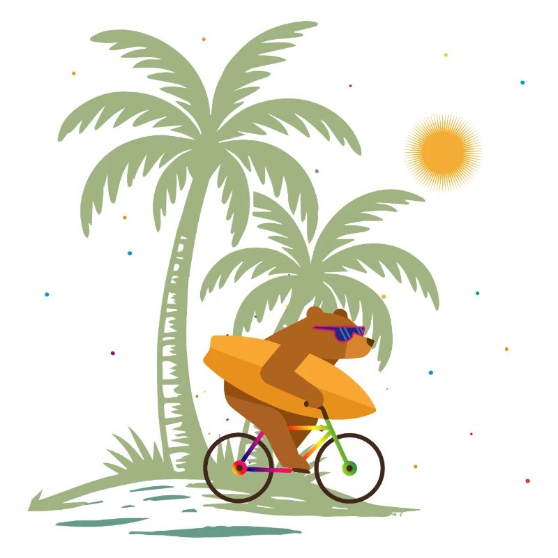 Bear with surfboard on bicycle under palm trees