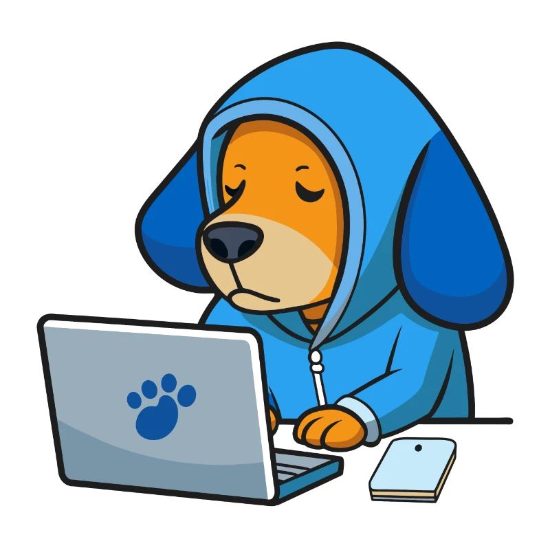Un chien hacker mignon dort dans un sweat à capuche devant le PC