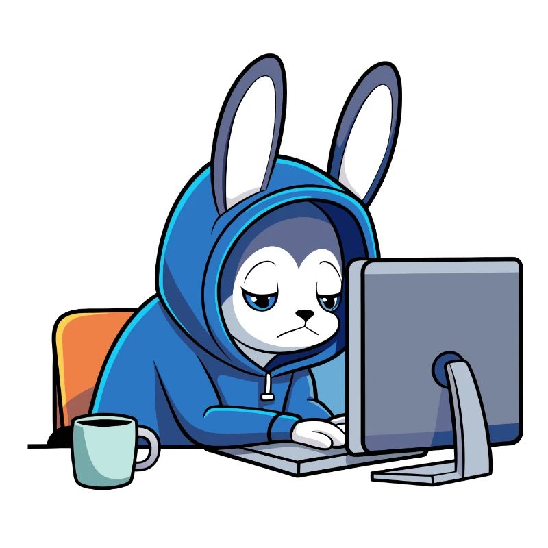 Un lapin hacker mignon dort dans un sweat à capuche devant le PC