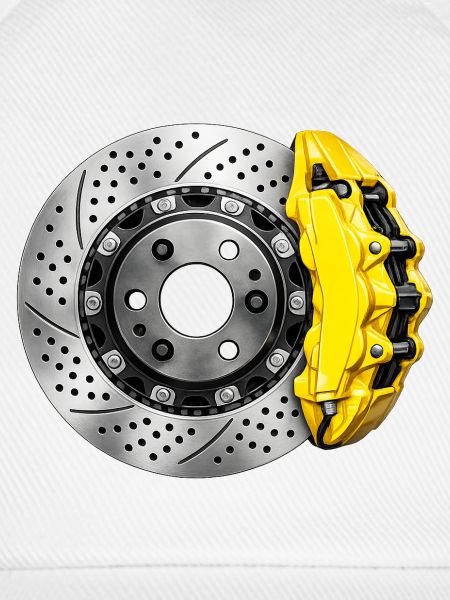 Perforierte Bremsscheibe und gelbe Bremssättel