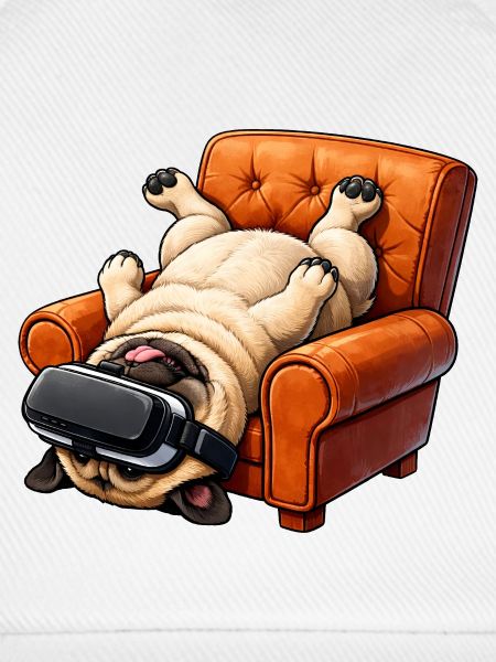 Mops mit VR Brille im Sessel