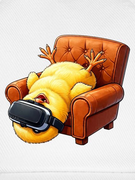 Küken mit VR Brille im Sessel