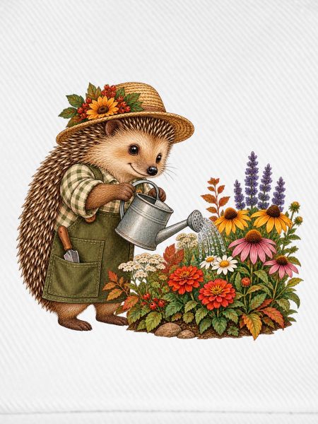 Igel gießt Gartenblumen