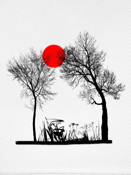 Rote Sonne mit Bäumen