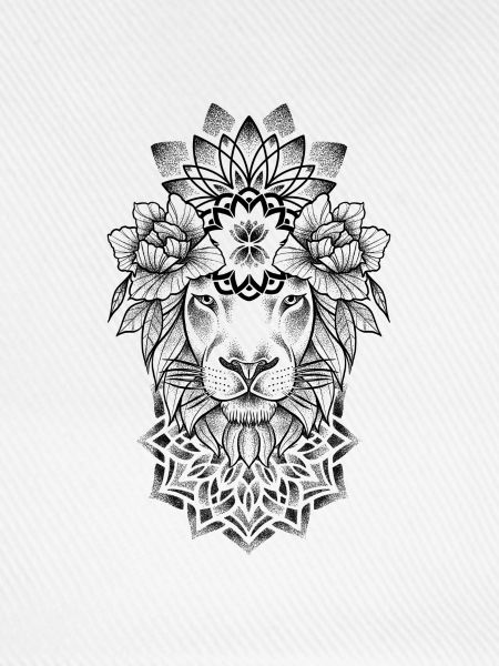 Löwen- und Mandala-Dotwork-Tattoo-Kunst