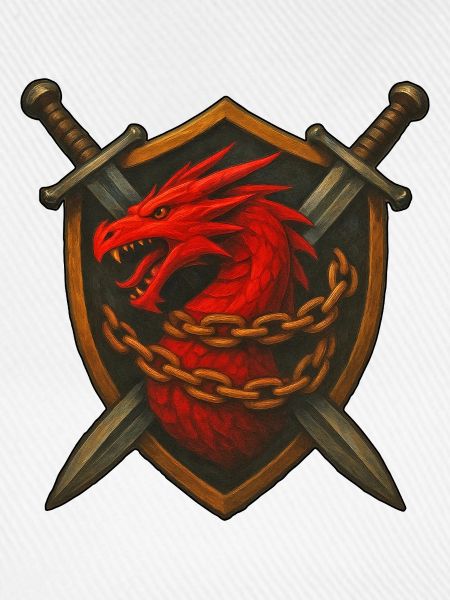 Roter Drache auf Schild mit Ketten
