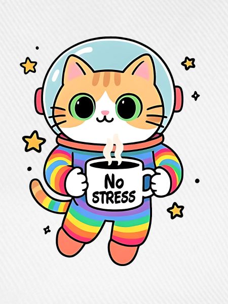 Stressfreie Regenbogen-Astronautenkatze