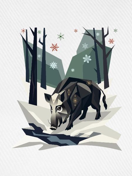 Wildschwein im Low-Poly-Winterwald