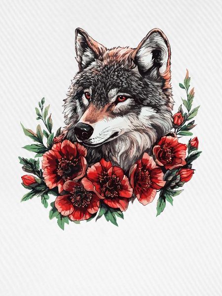 Wolfskopf im Blütenkranz