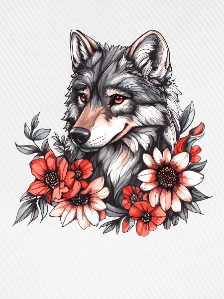 Wolf mit Blütenkranz