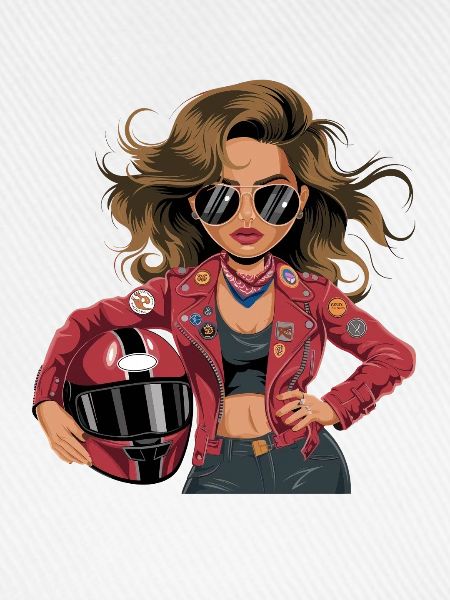  Coole Bikerin mit roter Lederjacke Sonnenbrille
