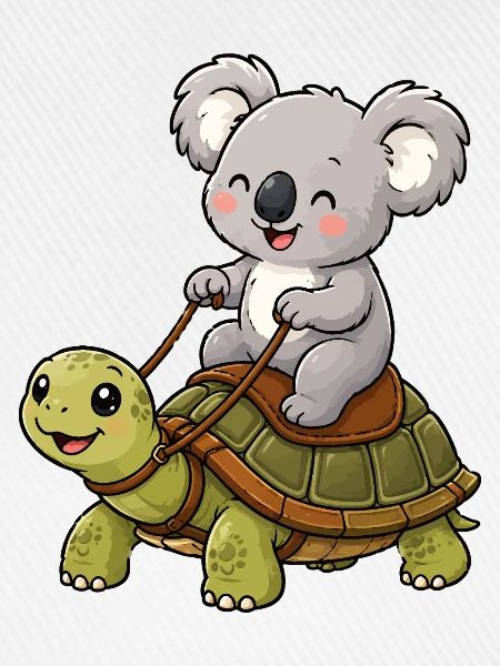 Kleiner Koala reitet Schildkröte