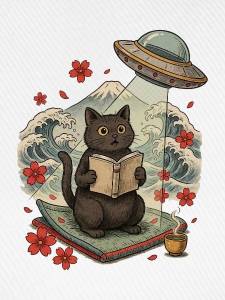 Katze liest Buch unter einem UFO